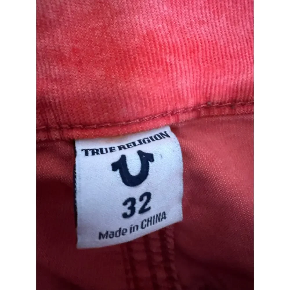 True Religion Geno Relaxed Slim Acid Mineral Wash Corduroy Pants Red Orange 32